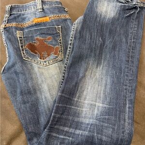 Cowgirl Tuff Men's Distressed Blue Jeans with Embroidered Pocket